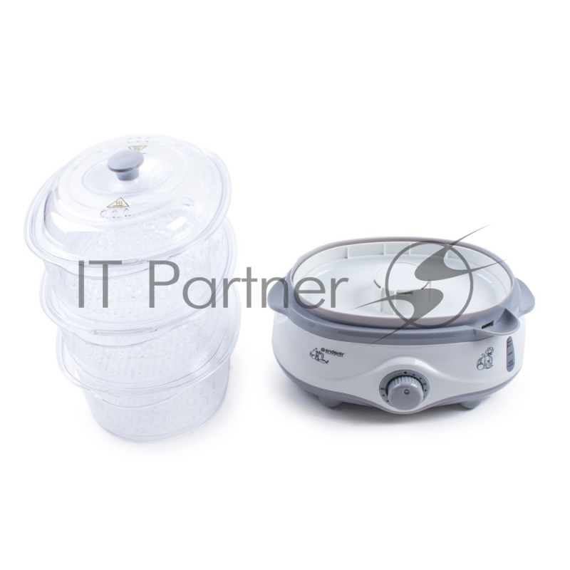 Пароварка Endever Vita-170, белый/серый, мощность 1000 Вт, объем 11 л, три уровня готовки, индикатор питания, контроль уровня воды, таймер с отключени