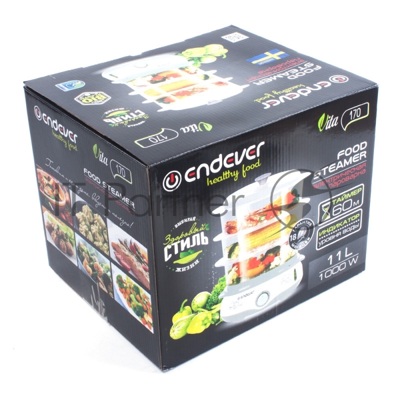 Пароварка Endever Vita-170, белый/серый, мощность 1000 Вт, объем 11 л, три уровня готовки, индикатор питания, контроль уровня воды, таймер с отключени