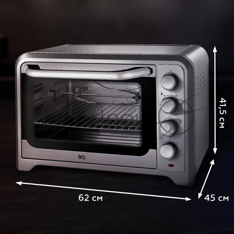 Мини-печь BQ EO1002B Steel-Black. Мощность 1600 Вт, Объем 30 л, Конвекция, 5 режимов работы, Таймер до 60 мин, Температура: 100-250°C, Термостат, Внутренняя подсветка, Сигнал об окончании приготовления, Корпус из нержавеющей стали,Двойное стекло двер