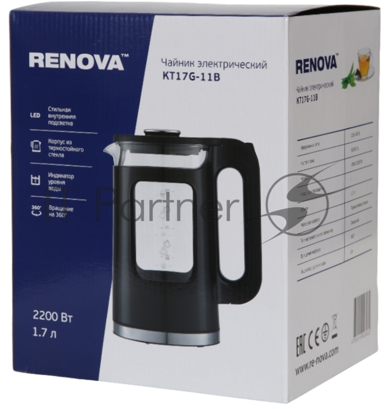 Чайник RENOVA KT17G-11B Термостойко стекло