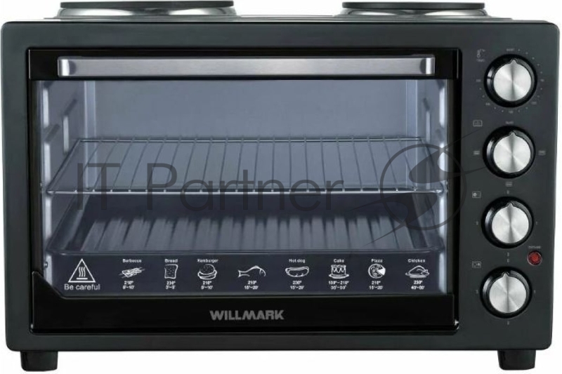 Мини-печь электрическая WILLMARK WHO-402B (30 литров, 2 конфорки, термостат,230С, 2350Вт, чёрный)