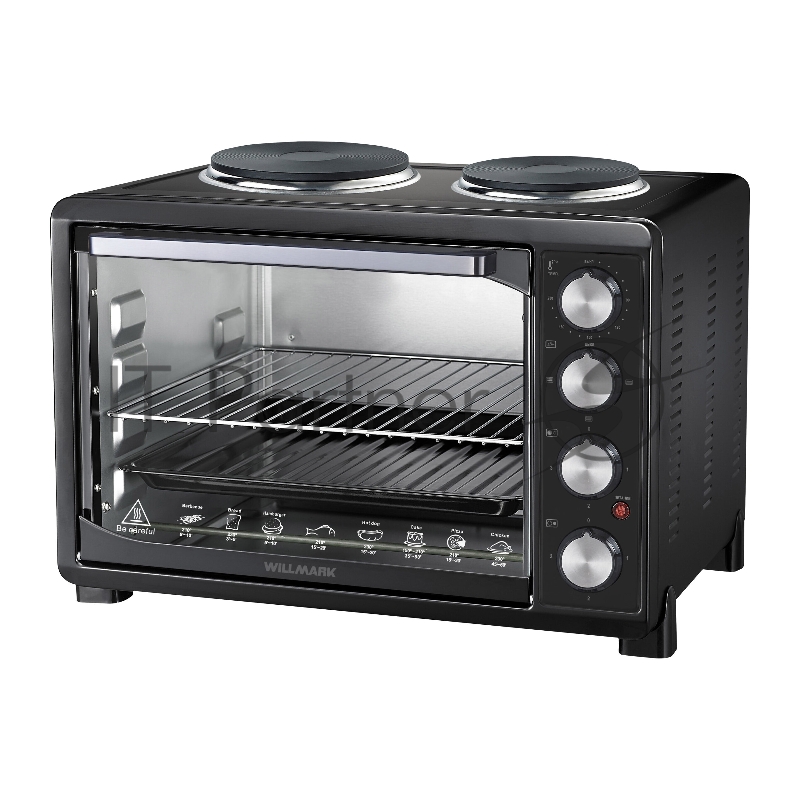Мини-печь электрическая WILLMARK WHO-402B (30 литров, 2 конфорки, термостат,230С, 2350Вт, чёрный)