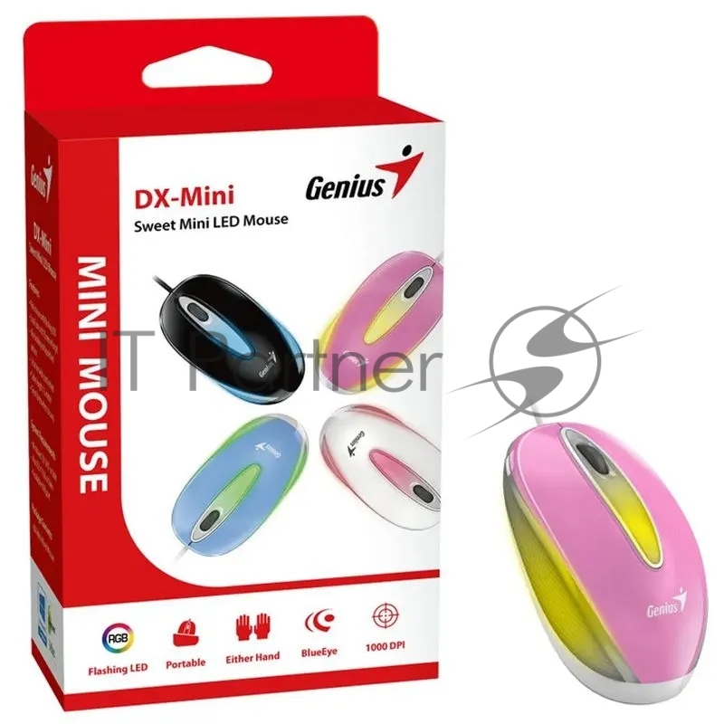 Мини-светодиодная мышь проводная Genius DX-Mini, Pink, USB, разрешение 1000 DPI, длина 95 мм. Цвет: розовый