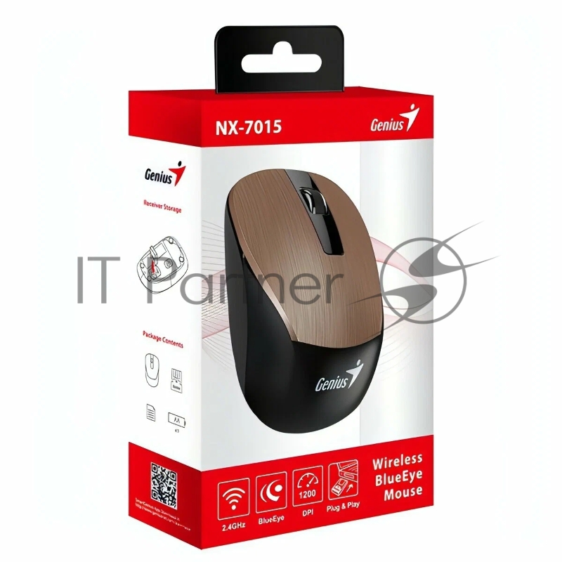 Мышь беспроводная Genius NX-7015, оптическая, мини-ресивер, сенсор Blue Eye, оптическая, разрешение 800 / 1200 /1600 dpi, SmartGenius, покрытие металлик. Цвет: роз