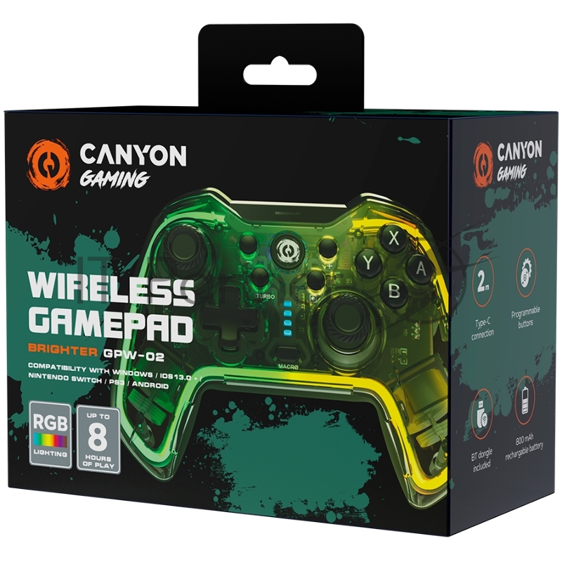 Геймпад CANYON GPW-02, Bluetooth Controller with built-in 800mah battery, BT 5.0, 2M Type-C charging cable , Bluetooth Gamepad for Nintendo Switch / Android / Windows ( RGB Lighting ),152*110*55mm, 232g, black