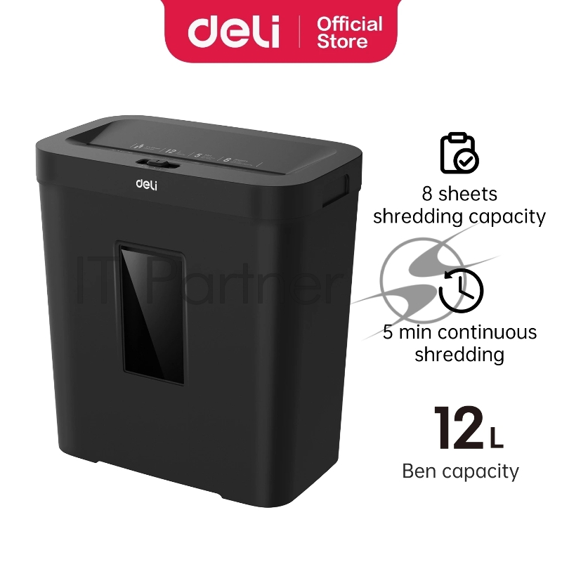 Уничтожитель бумаги (шредер) Deli ET022, Черный, Р-4, 4х40, 8 Листов, 12л.