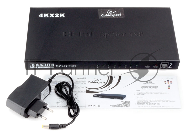 Разветвитель HDMI Cablexpert DSP-8PH4-03, HD19F/8x19F, 1 компьютер => 8 мониторов, Full-HD, 3D, 1.4v, каскадируемый