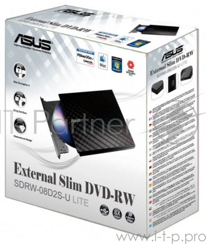 Привод DVDRW 8x8x8xDVD/24x16x24xCD ASUS SDRW-08D2S-U LITE, внешн., белый (USB2.0)