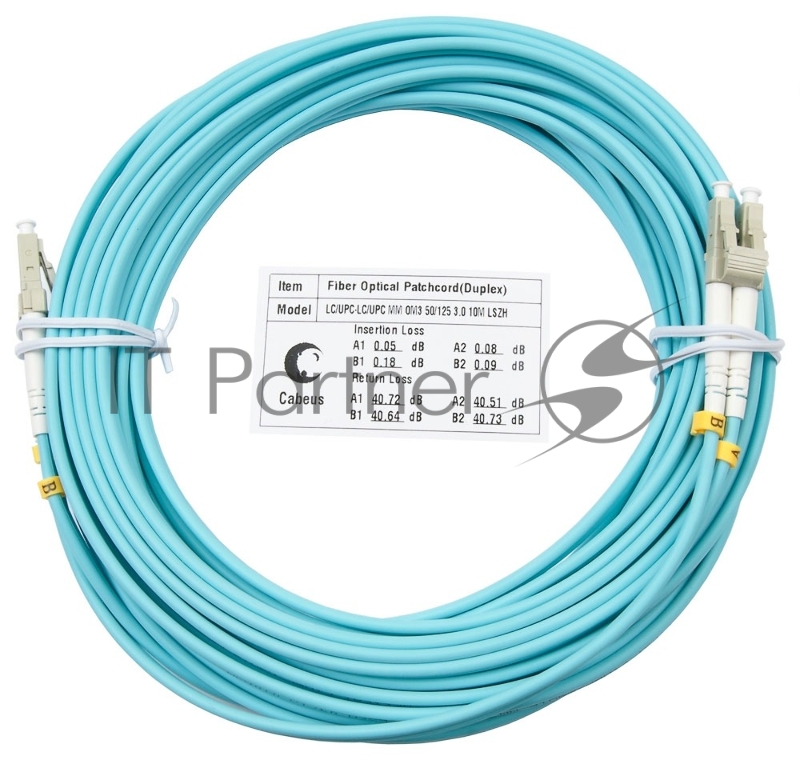 Комм. шнур оптический Cabeus Tight Buffer, Duplex LC/LC, OM3 50/125, LSZH, 10м, Ø 3мм, серый хвостовик, цвет: аква