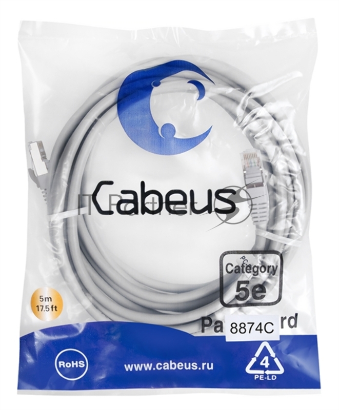 Шнур комм. Cabeus, кат. 5е, экр., F/UTP, RJ45/RJ45, LSZH, AWG24, 5м, серый