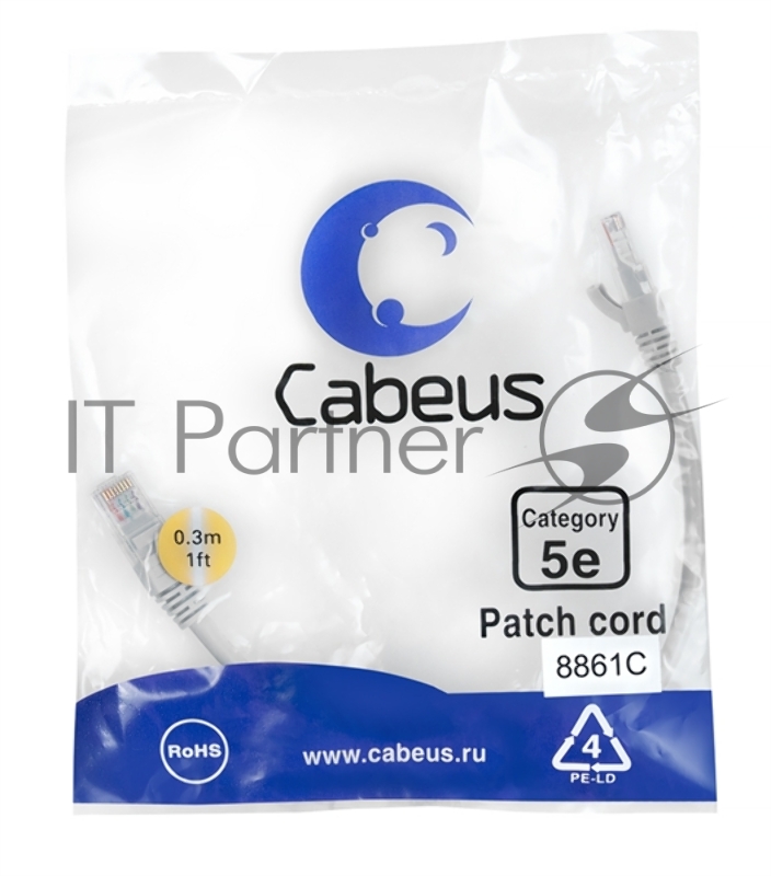 Шнур комм. Cabeus, кат. 5е, неэкр., U/UTP, RJ45/RJ45, LSZH, AWG24, 0.3м, серый