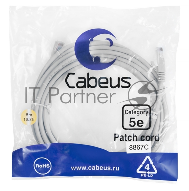 Шнур комм. Cabeus, кат. 5е, неэкр., U/UTP, RJ45/RJ45, LSZH, AWG24, 5м, серый