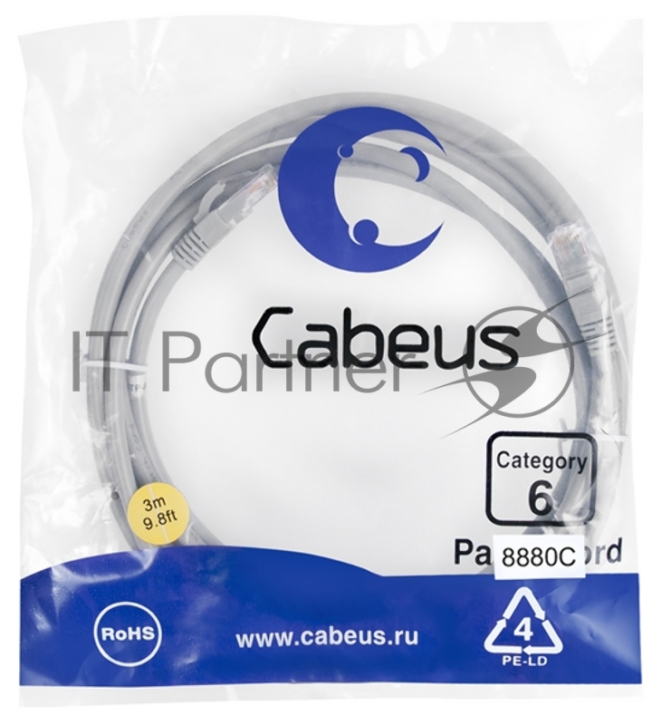 Шнур комм. Cabeus, кат. 6, неэкр., U/UTP, RJ45/RJ45, 250 МГц, LSZH, AWG24, 3м, серый