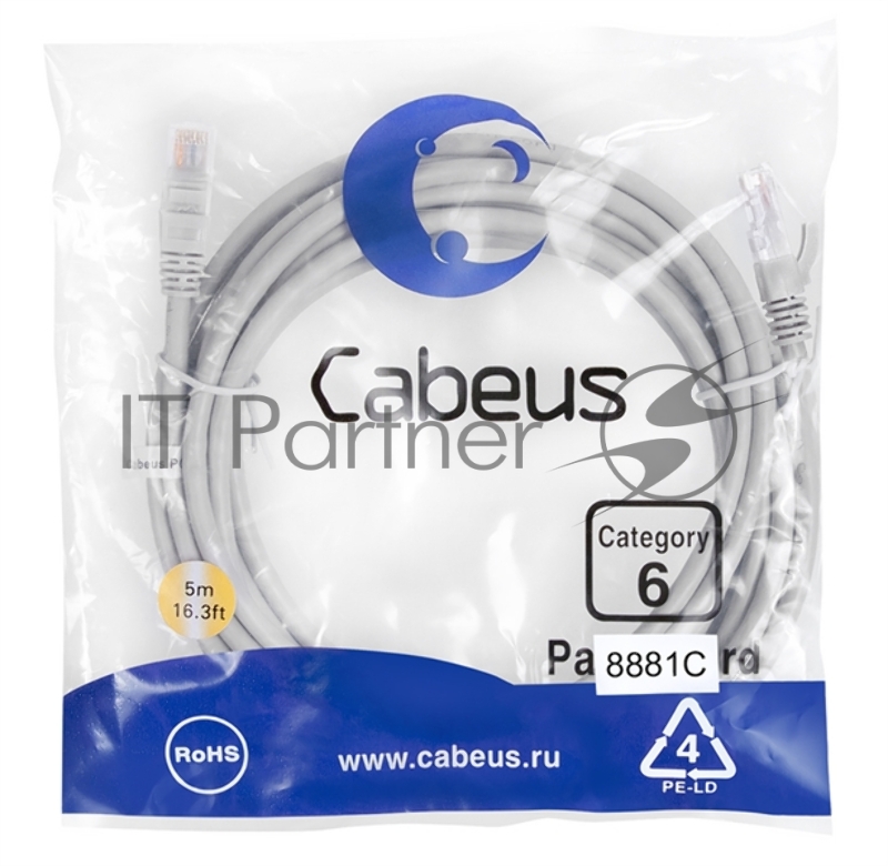 Шнур комм. Cabeus, кат. 6, неэкр., U/UTP, RJ45/RJ45, LSZH, AWG24, 5м, серый