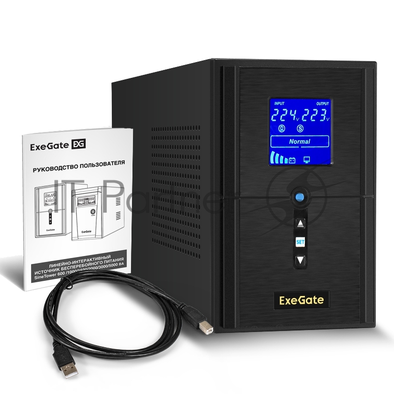 ИБП (инвертор, синус, для котла) ExeGate SineTower SN-1500.LCD.AVR.2SH.1C13.USB <1500VA/1200W, чистая синусоида, LCD дисплей, AVR, 2*Schuko+1*C13, USB, линейно-интерактивный, Black>