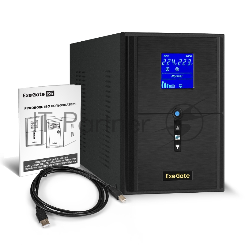 ИБП (инвертор, синус, для котла) ExeGate SineTower SN-2000.LCD.AVR.3SH.1C13.RJ.USB <2000VA/1600W, чистая синусоида, LCD дисплей, AVR, 3*Schuko+1*C13, RJ45/11, USB, линейно-интерактивный, Black>