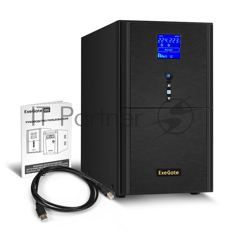 ИБП (инвертор, синус, для котла) ExeGate SineTower SN-3000.LCD.AVR.3SH.1C13.RJ.USB <3000VA/2400W, чистая синусоида, LCD дисплей, AVR, 3*Schuko+1*C13, RJ45/11, USB, линейно-интерактивный, Black>