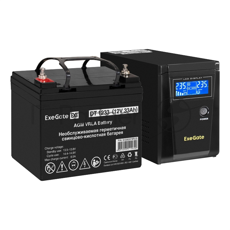 Комплект ИБП EX295986RUS + батарея 33Aч EX282974RUS 1шт (инвертор, синус, для котла) ExeGate SineTower SZ-600.LCD.AVR.1SH <600VA/360W, чистый синусоида, LCD дисплей, AVR, 1*Schuko, линейно-интерактивный, Black> + батарея ExeGate DT 1233 (12В, 33Ач) 1