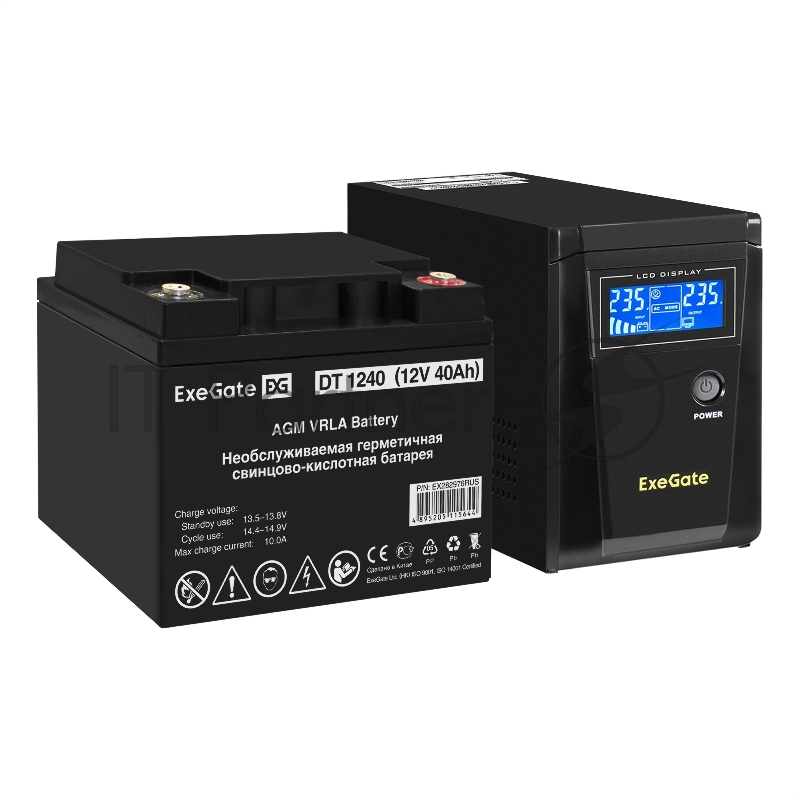 Комплект ИБП EX295986RUS + батарея 40Aч EX282976RUS 1шт (инвертор, синус, для котла) ExeGate SineTower SZ-600.LCD.AVR.1SH <600VA/360W, чистый синусоида, LCD дисплей, AVR, 1*Schuko, линейно-интерактивный, Black> + батарея ExeGate DT 1240 (12В, 40Ач) 1