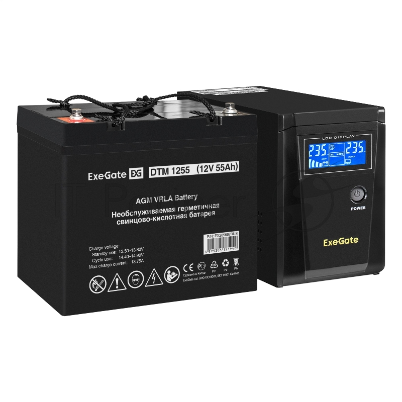Комплект ИБП EX295986RUS + батарея 55Aч EX285667RUS 1шт (инвертор, синус, для котла) ExeGate SineTower SZ-600.LCD.AVR.1SH <600VA/360W, чистый синусоида, LCD дисплей, AVR, 1*Schuko, линейно-интерактивный, Black> + батарея ExeGate DTM 1255 (12В, 55Ач)
