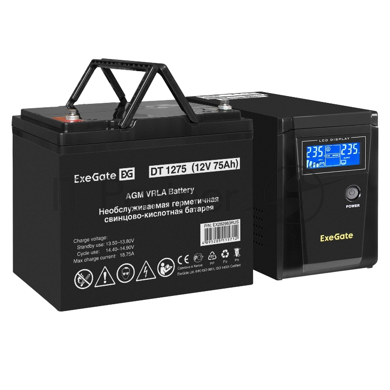 Комплект ИБП EX295986RUS + батарея 75Aч EX282983RUS 1шт (инвертор, синус, для котла) ExeGate SineTower SZ-600.LCD.AVR.1SH <600VA/360W, чистый синусоида, LCD дисплей, AVR, 1*Schuko, линейно-интерактивный, Black> + батарея ExeGate DT 1275 (12В, 75Ач) 1