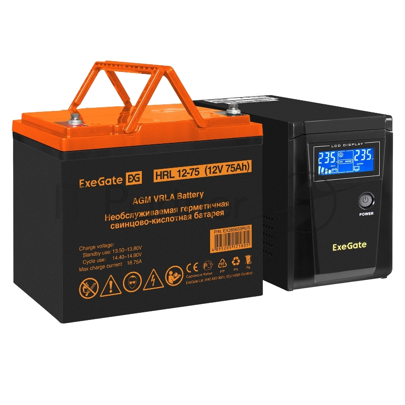 Комплект ИБП EX295986RUS + батарея 75Aч EX285653RUS 1шт (инвертор, синус, для котла) ExeGate SineTower SZ-600.LCD.AVR.1SH <600VA/360W, чистый синусоида, LCD дисплей, AVR, 1*Schuko, линейно-интерактивный, Black> + батарея ExeGate HRL 12-75 (12В, 75Ач)