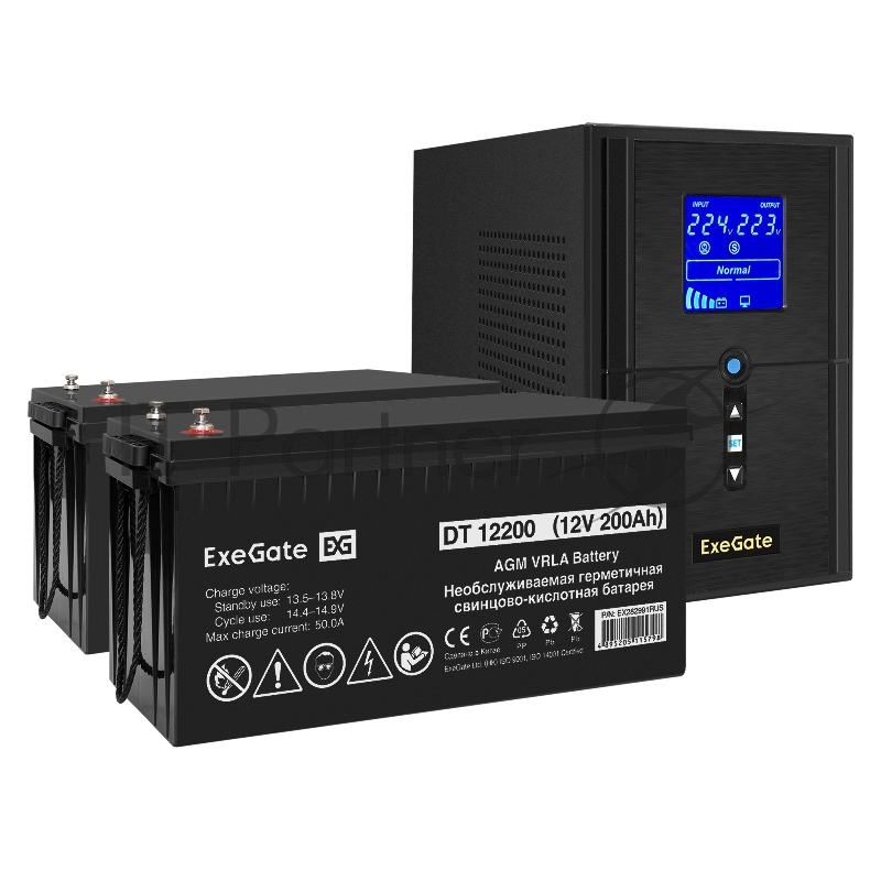 Комплект ИБП EX295987RUS + батарея 200Aч EX282991RUS 2шт (инвертор, синус, для котла) ExeGate SineTower SZ-1000.LCD.AVR.2SH.1C13.USB <1000VA/800W, чистый синусоида, LCD дисплей, AVR, 2*Schuko+1*C13, USB, линейно-интерактивный, Black> + батарея ExeGat