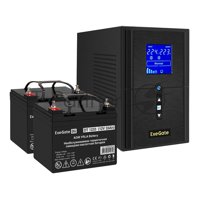 Комплект ИБП EX295988RUS + батарея 33Aч EX282974RUS 2шт (инвертор, синус, для котла) ExeGate SineTower SZ-1500.LCD.AVR.2SH.1C13.USB <1500VA/1200W, чистый синусоида, LCD дисплей, AVR, 2*Schuko+1*C13, USB, линейно-интерактивный, Black> + батарея ExeGat