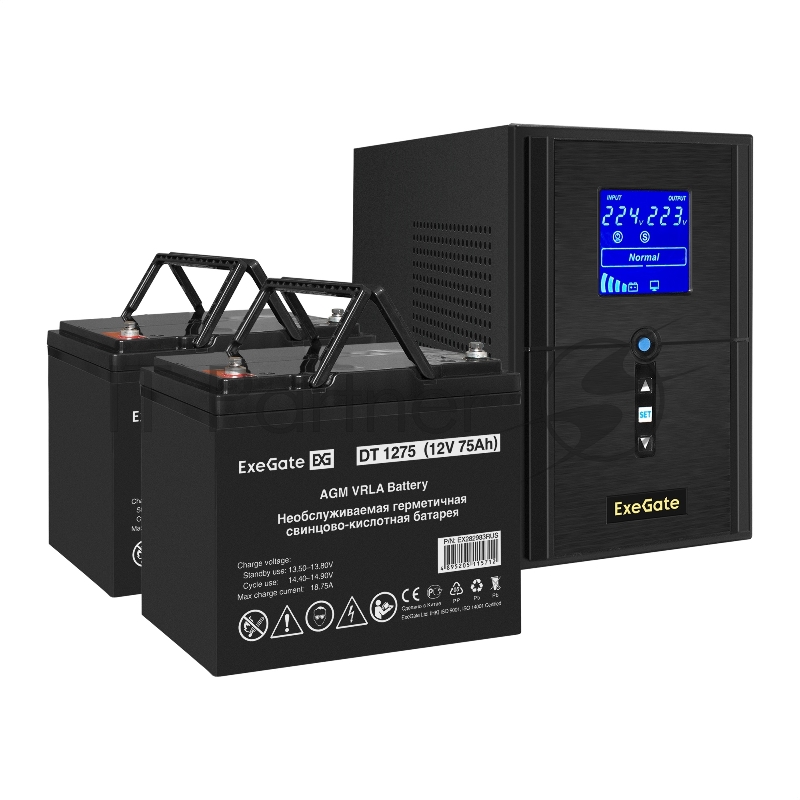 Комплект ИБП EX295988RUS + батарея 75Aч EX282983RUS 2шт (инвертор, синус, для котла) ExeGate SineTower SZ-1500.LCD.AVR.2SH.1C13.USB <1500VA/1200W, чистый синусоида, LCD дисплей, AVR, 2*Schuko+1*C13, USB, линейно-интерактивный, Black> + батарея ExeGat