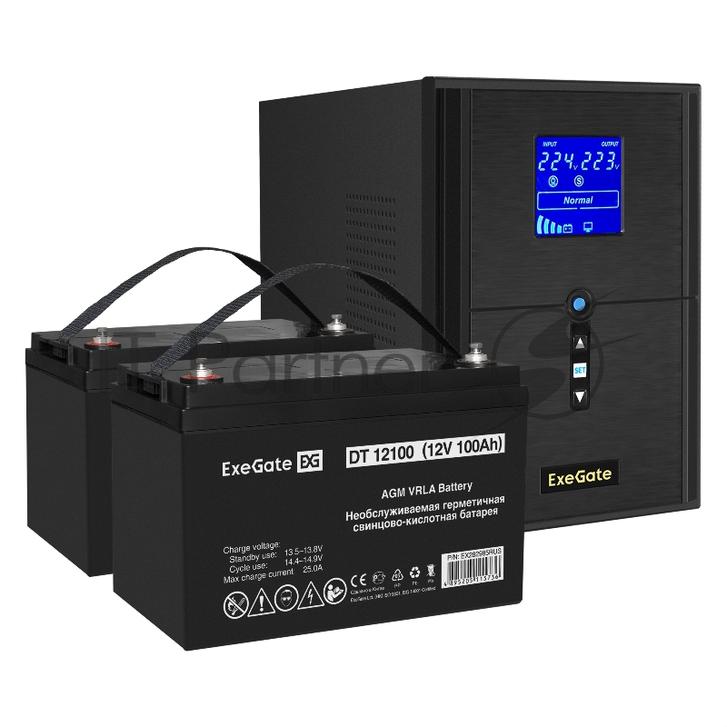 Комплект ИБП EX295989RUS + батарея 100Aч EX282985RUS 2шт (инвертор, синус, для котла) ExeGate SineTower SZ-2000.LCD.AVR.3SH.1C13.USB <2000VA/1600W, чистый синусоида, LCD дисплей, AVR, 3*Schuko+1*C13, USB, линейно-интерактивный, Black> + батарея ExeGa