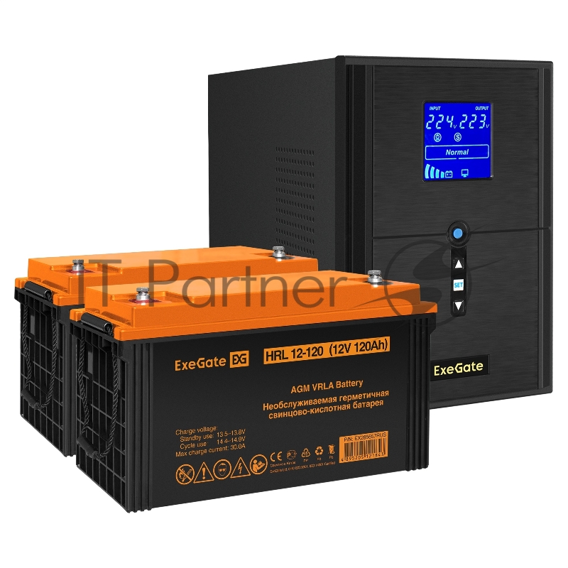 Комплект ИБП EX295989RUS + батарея 120Aч EX285657RUS 2шт (инвертор, синус, для котла) ExeGate SineTower SZ-2000.LCD.AVR.3SH.1C13.USB <2000VA/1600W, чистый синусоида, LCD дисплей, AVR, 3*Schuko+1*C13, USB, линейно-интерактивный, Black> + батарея ExeGa