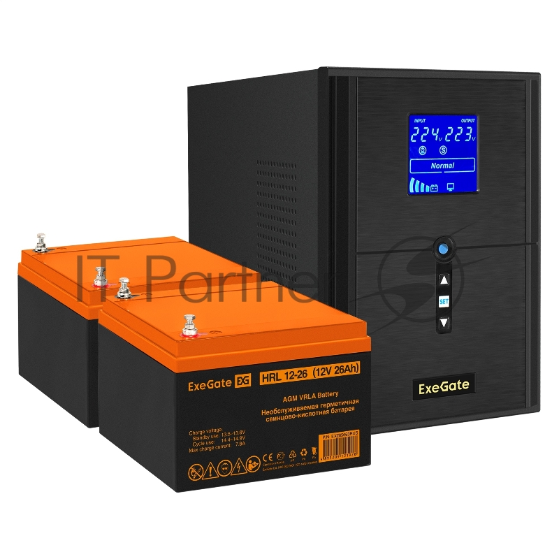 Комплект ИБП EX295989RUS + батарея 26Aч EX285663RUS 2шт (инвертор, синус, для котла) ExeGate SineTower SZ-2000.LCD.AVR.3SH.1C13.USB <2000VA/1600W, чистый синусоида, LCD дисплей, AVR, 3*Schuko+1*C13, USB, линейно-интерактивный, Black> + батарея ExeGat