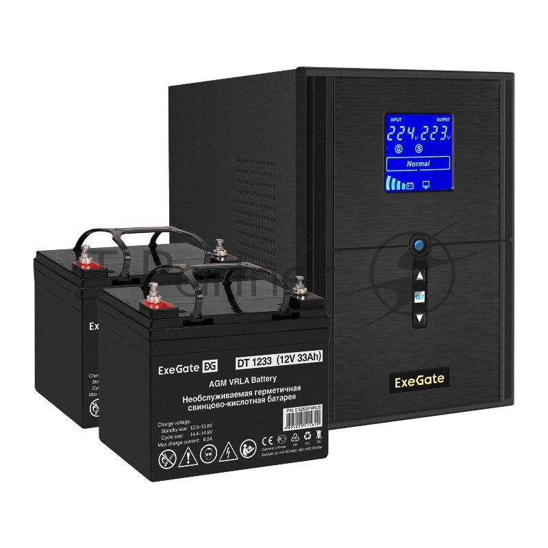 Комплект ИБП EX295989RUS + батарея 33Aч EX282974RUS 2шт (инвертор, синус, для котла) ExeGate SineTower SZ-2000.LCD.AVR.3SH.1C13.USB <2000VA/1600W, чистый синусоида, LCD дисплей, AVR, 3*Schuko+1*C13, USB, линейно-интерактивный, Black> + батарея ExeGat