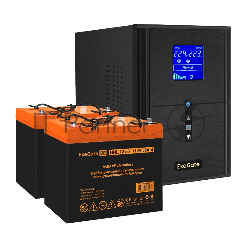Комплект ИБП EX295989RUS + батарея 55Aч EX285652RUS 2шт (инвертор, синус, для котла) ExeGate SineTower SZ-2000.LCD.AVR.3SH.1C13.USB <2000VA/1600W, чистый синусоида, LCD дисплей, AVR, 3*Schuko+1*C13, USB, линейно-интерактивный, Black> + батарея ExeGat