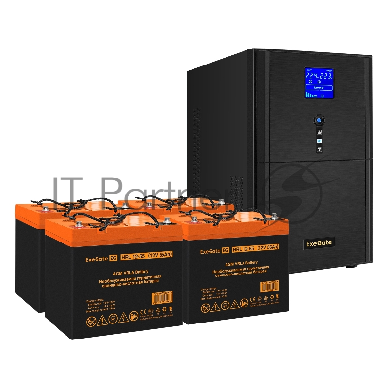 Комплект ИБП EX295990RUS + батарея 55Aч EX285652RUS 4шт (инвертор, синус, для котла) ExeGate SineTower SZ-3000.LCD.AVR.3SH.1C13.RJ.USB <3000VA/2400W, чистый синусоида, LCD дисплей, AVR, 3*Schuko+1*C13, RJ45/11, USB, линейно-интерактивный, Black> + ба