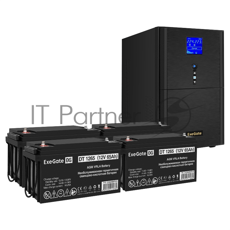 Комплект ИБП EX295990RUS + батарея 65Aч EX282980RUS 4шт (инвертор, синус, для котла) ExeGate SineTower SZ-3000.LCD.AVR.3SH.1C13.RJ.USB <3000VA/2400W, чистый синусоида, LCD дисплей, AVR, 3*Schuko+1*C13, RJ45/11, USB, линейно-интерактивный, Black> + ба