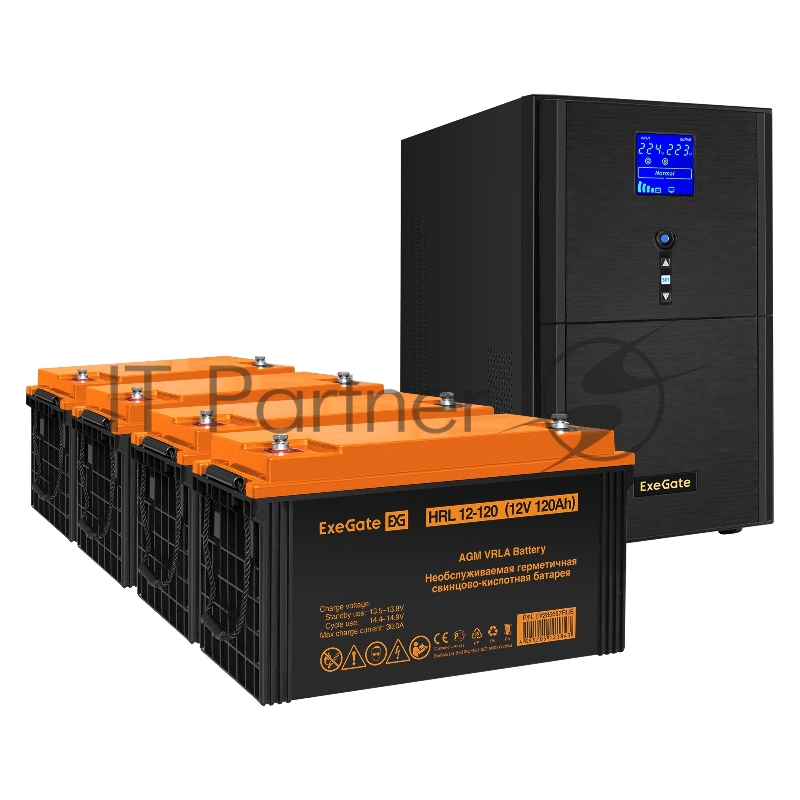 Комплект ИБП EX295991RUS + батарея 120Aч EX285657RUS 4шт (инвертор, синус, для котла) ExeGate SineTower SZ-5000.LCD.AVR.2SH.1C13.T.RJ. <5000VA/4000W, чистый синусоида, LCD дисплей, AVR, 2*Schuko+1*C13+клеммы, RJ45/11, USB, линейно-интерактивный, B