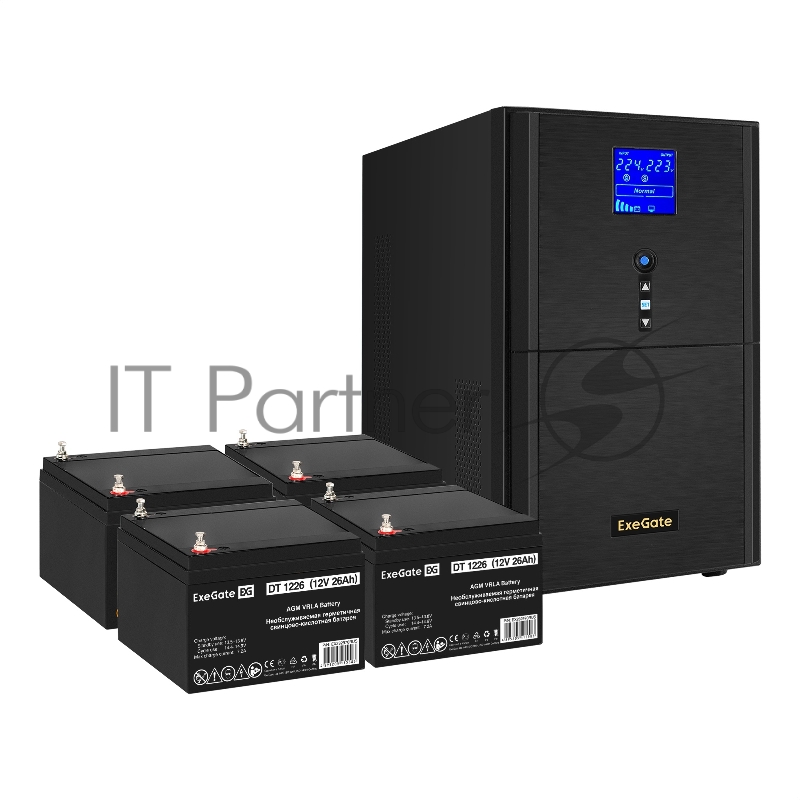 Комплект ИБП EX295991RUS + батарея 26Aч EX282970RUS 4шт (инвертор, синус, для котла) ExeGate SineTower SZ-5000.LCD.AVR.2SH.1C13.T.RJ. <5000VA/4000W, чистый синусоида, LCD дисплей, AVR, 2*Schuko+1*C13+клеммы, RJ45/11, USB, линейно-интерактивный, Bl