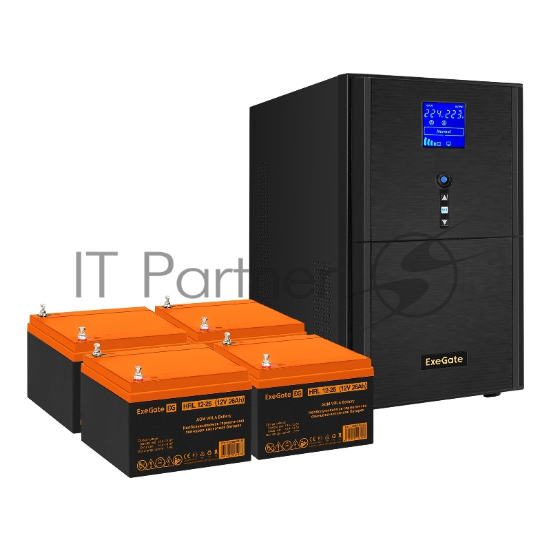 Комплект ИБП EX295991RUS + батарея 26Aч EX285663RUS 4шт (инвертор, синус, для котла) ExeGate SineTower SZ-5000.LCD.AVR.2SH.1C13.T.RJ. <5000VA/4000W, чистый синусоида, LCD дисплей, AVR, 2*Schuko+1*C13+клеммы, RJ45/11, USB, линейно-интерактивный, Bl