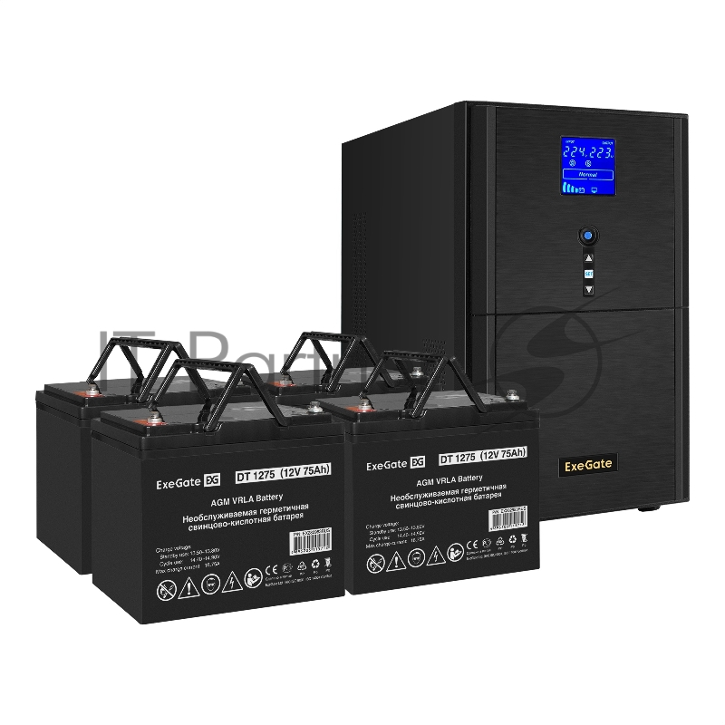 Комплект ИБП EX295991RUS + батарея 75Aч EX282983RUS 4шт (инвертор, синус, для котла) ExeGate SineTower SZ-5000.LCD.AVR.2SH.1C13.T.RJ. <5000VA/4000W, чистый синусоида, LCD дисплей, AVR, 2*Schuko+1*C13+клеммы, RJ45/11, USB, линейно-интерактивный, Bl
