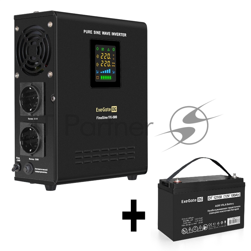 Комплект ИБП EX295995RUS + батарея 100Aч EX282985RUS 1шт (инвертор, синус, для котла, настенный) ExeGate FineSine SX-500.LCD.AVR.2SH <500VA/300W, чистая синусоида, цветной LCD-дисплей, AVR, 2*Schuko, линейно-интерактивный, крепление настенное/универс