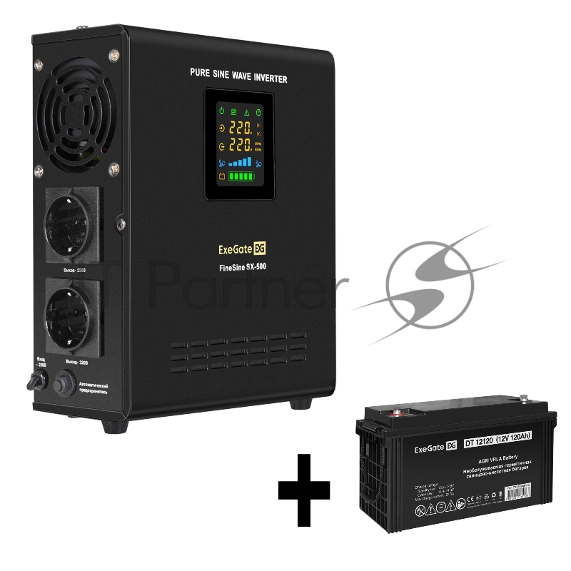 Комплект ИБП EX295995RUS + батарея 120Aч EX282988RUS 1шт (инвертор, синус, для котла, настенный) ExeGate FineSine SX-500.LCD.AVR.2SH <500VA/300W, чистая синусоида, цветной LCD-дисплей, AVR, 2*Schuko, линейно-интерактивный, крепление настенное/универс