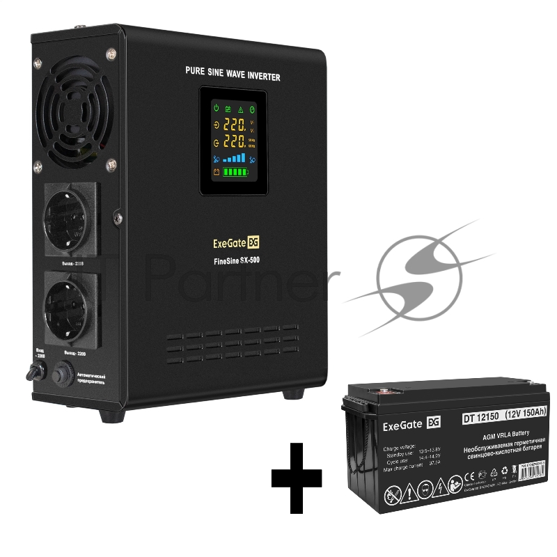 Комплект ИБП EX295995RUS + батарея 150Aч EX282990RUS 1шт (инвертор, синус, для котла, настенный) ExeGate FineSine SX-500.LCD.AVR.2SH <500VA/300W, чистая синусоида, цветной LCD-дисплей, AVR, 2*Schuko, линейно-интерактивный, крепление настенное/универс