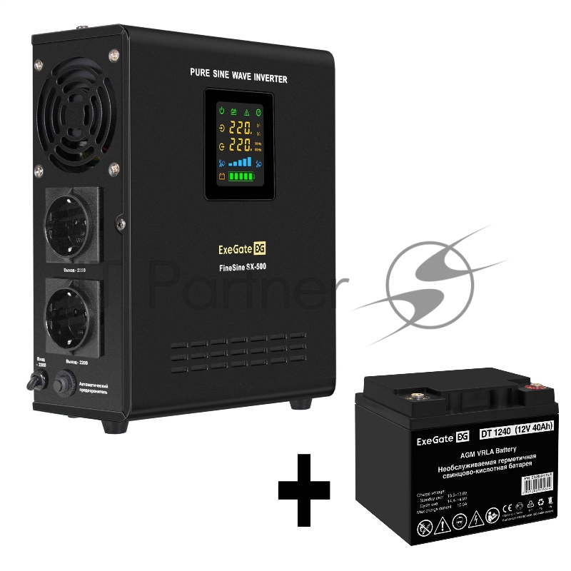 Комплект ИБП EX295995RUS + батарея 40Aч EX282976RUS 1шт (инвертор, синус, для котла, настенный) ExeGate FineSine SX-500.LCD.AVR.2SH <500VA/300W, чистая синусоида, цветной LCD-дисплей, AVR, 2*Schuko, линейно-интерактивный, крепление настенное/универса