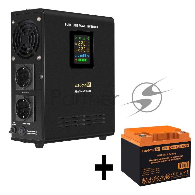 Комплект ИБП EX295995RUS + батарея 45Aч EX285666RUS 1шт (инвертор, синус, для котла, настенный) ExeGate FineSine SX-500.LCD.AVR.2SH <500VA/300W, чистая синусоида, цветной LCD-дисплей, AVR, 2*Schuko, линейно-интерактивный, крепление настенное/универса