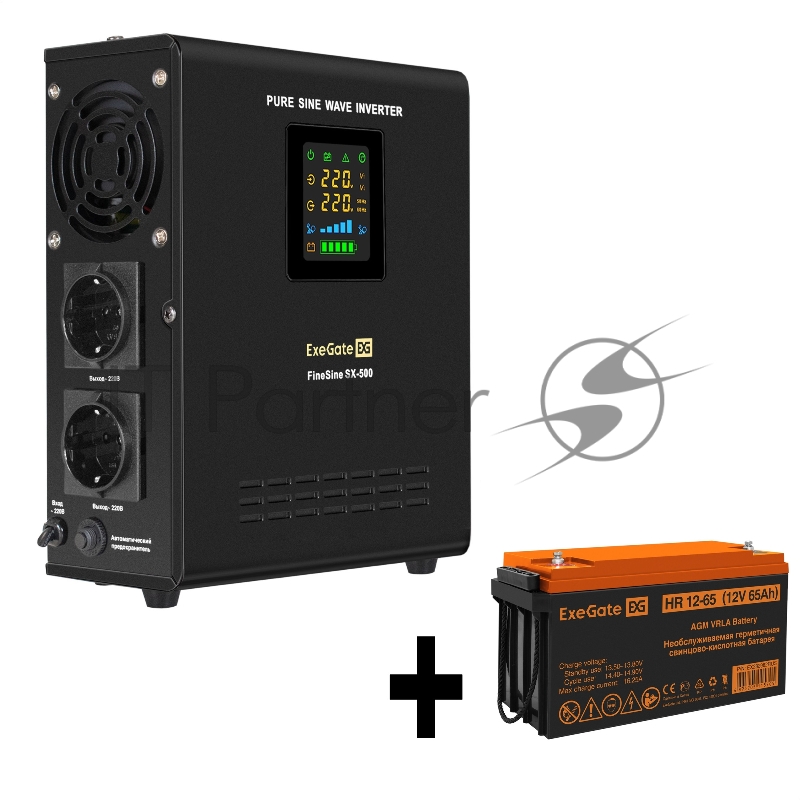 Комплект ИБП EX295995RUS + батарея 65Aч EX282982RUS 1шт (инвертор, синус, для котла, настенный) ExeGate FineSine SX-500.LCD.AVR.2SH <500VA/300W, чистая синусоида, цветной LCD-дисплей, AVR, 2*Schuko, линейно-интерактивный, крепление настенное/универса
