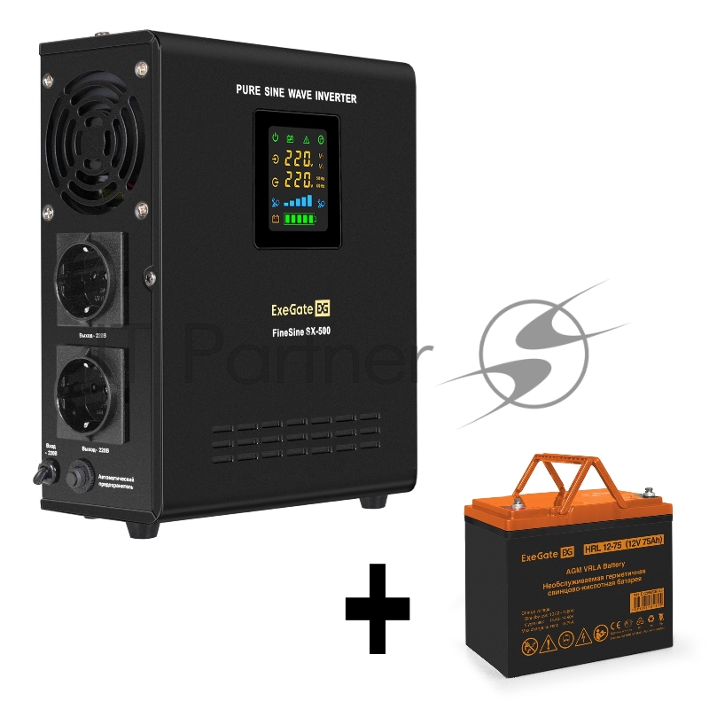 Комплект ИБП EX295995RUS + батарея 75Aч EX285653RUS 1шт (инвертор, синус, для котла, настенный) ExeGate FineSine SX-500.LCD.AVR.2SH <500VA/300W, чистая синусоида, цветной LCD-дисплей, AVR, 2*Schuko, линейно-интерактивный, крепление настенное/универса