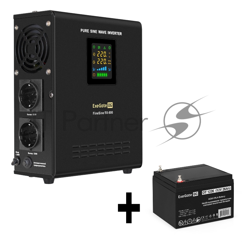 Комплект ИБП EX295996RUS + батарея 26Aч EX282970RUS 1шт (инвертор, синус, для котла, настенный) ExeGate FineSine SX-800.LCD.AVR.2SH <800VA/500W, чистая синусоида, цветной LCD-дисплей, AVR, 2*Schuko, линейно-интерактивный, крепление настенное/универса