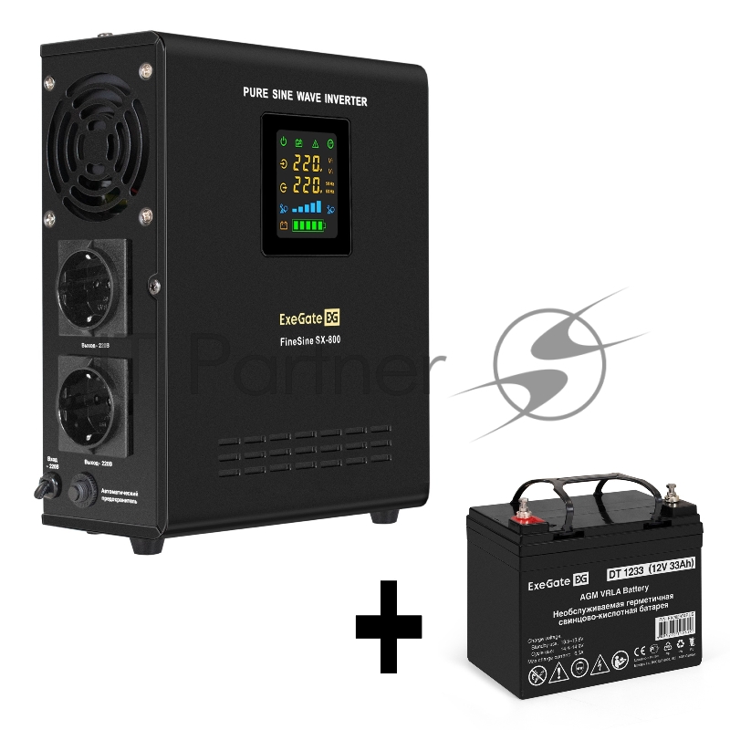 Комплект ИБП EX295996RUS + батарея 33Aч EX282974RUS 1шт (инвертор, синус, для котла, настенный) ExeGate FineSine SX-800.LCD.AVR.2SH <800VA/500W, чистая синусоида, цветной LCD-дисплей, AVR, 2*Schuko, линейно-интерактивный, крепление настенное/универса