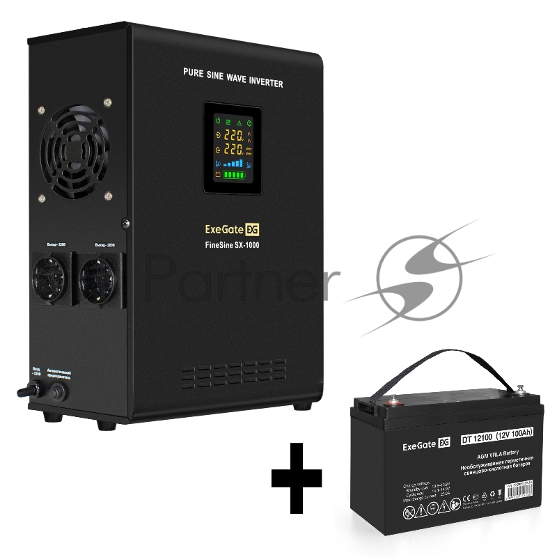 Комплект ИБП EX295997RUS + батарея 100Aч EX282985RUS 1шт (инвертор, синус, для котла, настенный) ExeGate FineSine SX-1000.LCD.AVR.2SH <1000VA/600W, чистая синусоида, цветной LCD-дисплей, AVR, 2*Schuko, линейно-интерактивный, крепление настенное/униве